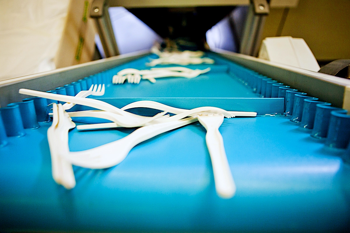 Production of biodegradable cutlery at the company Ecozema in Santsoro, Italy