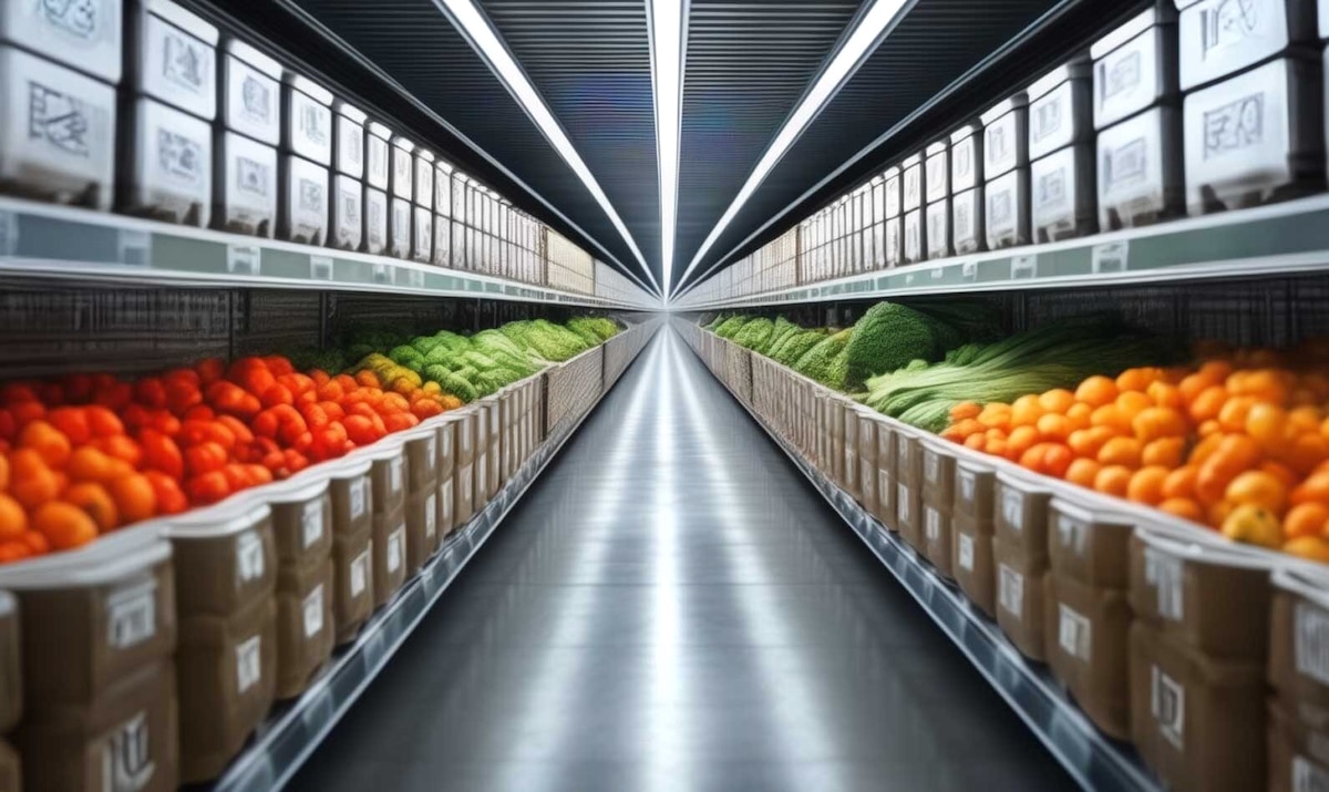 Concept photo of a long row of refrigerated boxes filled with fruits and vegetables, depicting a modern supermarket interior