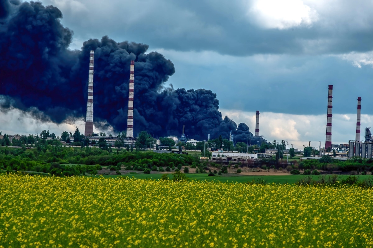 Large billows of black smoke rise from Ukraine’s Lysychansk oil refinery, bombed by Russian shells in May of 2022