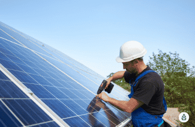 man installing solar panels on rooftop