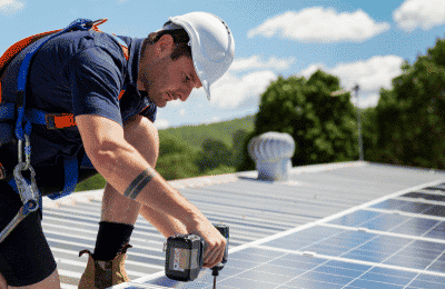 man drilling in solar panels